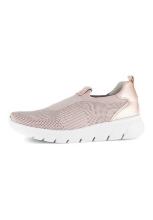 Slip-on sneaker with a light pink mesh upper, metallic rose gold accents, and a white rubber sole featuring a textured pattern for traction.