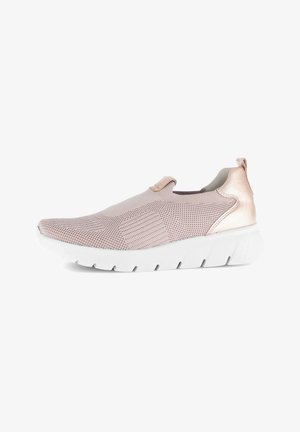 Slip-on sneaker with a light pink mesh upper, metallic rose gold accents, and a white rubber sole featuring a textured pattern for traction.