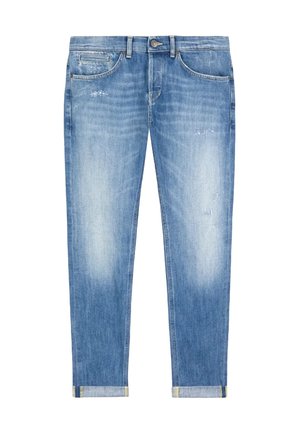 Jeans in denim azzurro chiaro con vestibilità dritta, macchie sbiadite, leggera usura e risvolti con orlo bicolore.
