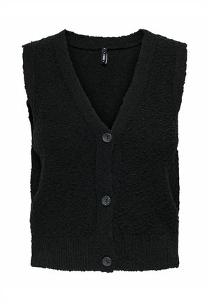 Zwarte mouwloze vest met een v-hals ontwerp, gestructureerde stof en vijf knopen aan de voorkant. Heeft een geribde zoom en zijdelingse openingen voor een ontspannen pasvorm.