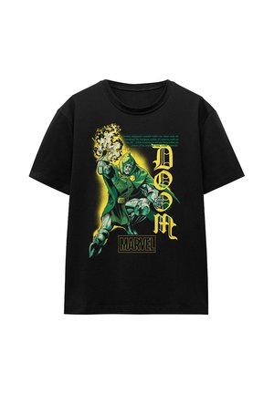 Black t-shirt featuring Marvel's Doctor Doom in green armor casting magic, with yellow glow and bold stylized text reading Doom and Marvel logo.