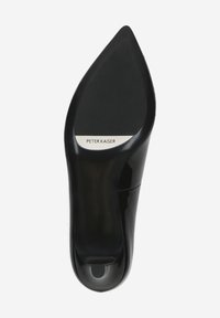 Chaussure à talon haut en cuir verni noir. Design à bout pointu avec une surface lisse. Présente un détail en logo argenté sur la semelle.