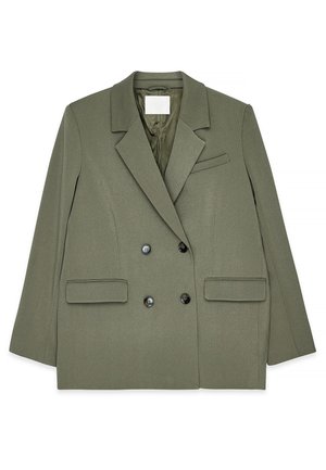 Olijfgroene dubbele blazer gemaakt van textuurstof, met opstaande revers, twee voorkruiken en ronde zwarte knopen.
