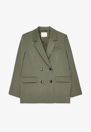Olive green double-breasted blazer made of textured fabric, featuring notched lapels, two front pockets, and round black buttons.