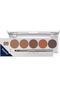 Magnetic makeup palette with six matte shades in brown and gray tones, featuring a silver brush and clear plastic lid. Compact design.