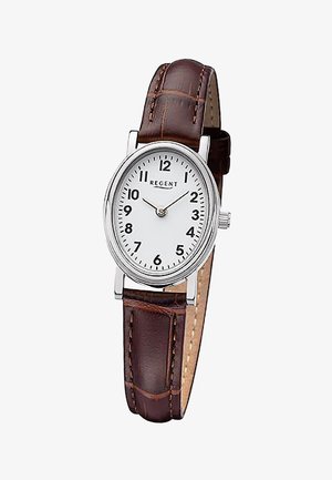 Montre-bracelet ovale en argent avec cadran blanc, chiffres noirs, et bracelet en cuir marron indiquant l'heure 10h10.