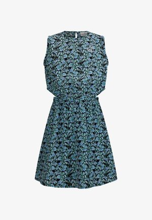 Kwiatowa sukienka na granatowym tle, krótki rękaw i marszczona talia. Posiada niebieskie kwiaty i zielone liście w powtarzającym się wzorze.