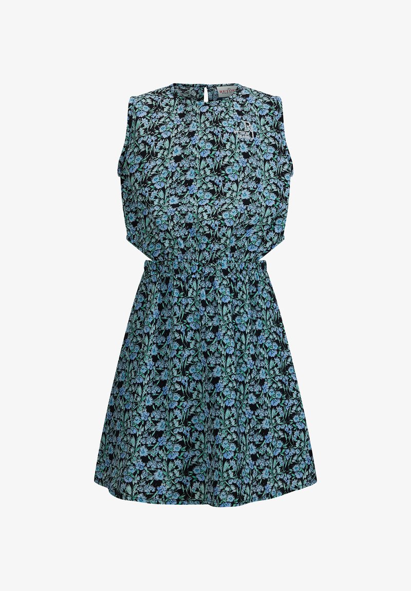 Kwiatowa sukienka na granatowym tle, krótki rękaw i marszczona talia. Posiada niebieskie kwiaty i zielone liście w powtarzającym się wzorze.