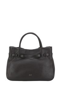Sac fourre-tout en cuir noir avec une surface texturée, deux poignées et un design simple. Présente un logo subtil doré à l'avant.