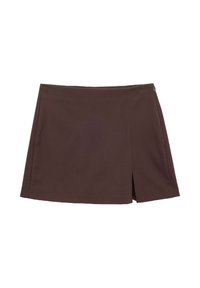 Jupe mini marron au design droit, avec une fermeture éclair sur le côté et une fente frontale. Texture lisse, sans motifs ni accents visibles.