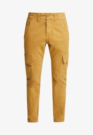 Žlté bavlnené cargo nohavice so slim fit strihom, s viacerými bočnými vreckami, s gombíkovým zapínaním a viditeľnými švovými akcentmi.