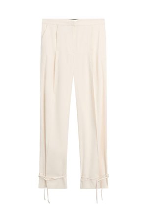 Hosen in Cremefarbe mit geradem Bein, vorderen Falten, seitlichen Taschen und verstellbaren Bändern am Saum.
