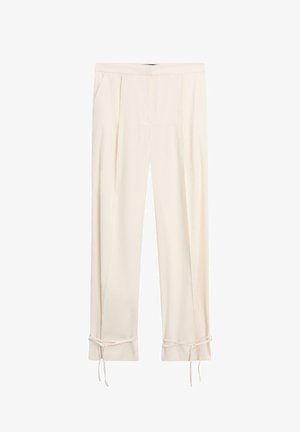 Hosen in Cremefarbe mit geradem Bein, vorderen Falten, seitlichen Taschen und verstellbaren Bändern am Saum.