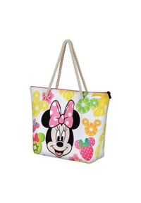 Bolso tote con un asa de cuerda, que presenta una impresión colorida de un personaje de dibujos animados y patrones de frutas, fondo blanco y ribete rosa.