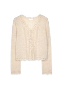 Cardigan cropped beige con maniche lunghe, scollatura a V e chiusura con bottoni. Presenta dettagli in pizzo e bordi scallopati. Morbido al tatto.