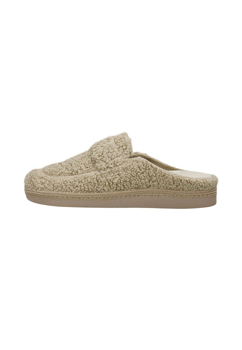 Beige slip-on slipper with soft, curly fleece texture and flat sole, shown from the side on a white background.