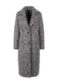 Langer Wollmischungs-Mantel mit einer strukturierten grauen Oberfläche, ausgestattet mit einem Reverskragen, drei Knöpfen und zwei Taschen.