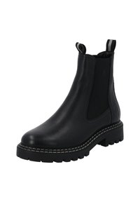 Černá kožená chelsea bota s elastickými postranními panely, poutkem, texturovanou podrážkou a bílým šitím. Obsahuje pevný, robustní podpatek.