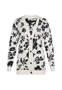 Cardigan a maglia color crema con un motivo floreale nero. Presenta un collo a V, bottoni frontali e due tasche anteriori. Tessuto morbido.
