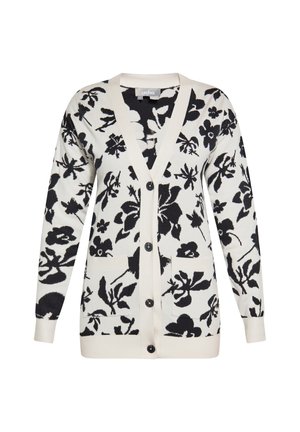 Krém színű, fekete virágmintás kötött kardigán. V-alakú nyakkivágással, elöl gombokkal és két elülső zsebbel rendelkezik. Puha tapintású.