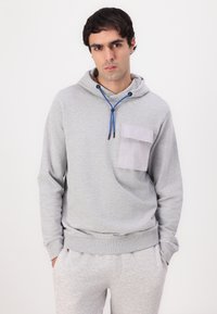 Gray hoodie with a front pocket and contrasting light gray fabric. Features blue drawstrings and ribbed cuffs and hem. Smooth texture.