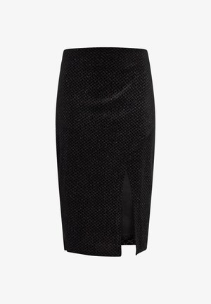 Sort blyantnederdel med et diamantmønster, der har en sideslids, lavet af tekstureret stof. Detaljer inkluderer diskrete metalliske tråde.