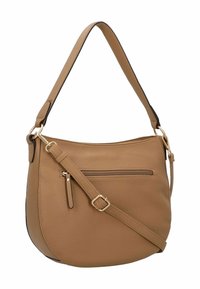 Tasche aus braunem Leder mit strukturiertem Oberflächen, einem Hauptfach und einer Reißverschlusstasche. Sie verfügt über einen verstellbaren Tragegurt und goldfarbene Hardware.