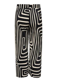 Μαύρο και άσπρο παντελόνι με φαρδιά καμπάνα και ελαστική μέση, που φέρει αφηρημένο ριγέ γεωμετρικό σχέδιο.