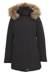 Parka nera con cappuccio foderato in pelliccia. Presenta una chiusura frontale a bottoni, tasche laterali e un tessuto liscio e strutturato.