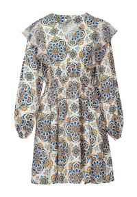 Vestido de estampado floral en blanco, con tonos azules y naranjas, cintura fruncida y mangas acampanadas. Tejido suave con un diseño fluido.