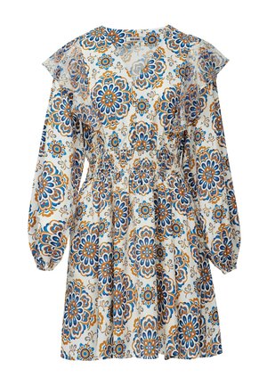 Bloemenpatroon jurk in het wit, met blauwe en oranje tinten, een smock taille en gerimpelde mouwen. Zachte stof met een vloeiende uitstraling.