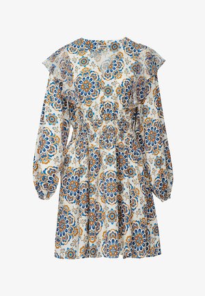 Floral-patterned dress in white, featuring blue and orange tones, smocked waist, and ruffled sleeves. Soft fabric with a flowing design.