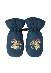Mittens blu navy con polsi elasticizzati, decorati con personaggi di cani dei cartoni animati e la scritta "BUONA GIORNATA PAWSOME!" sul davanti.