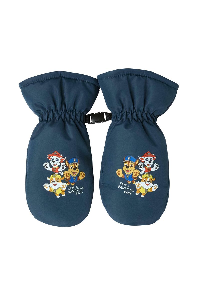 Mittens blu navy con polsi elasticizzati, decorati con personaggi di cani dei cartoni animati e la scritta "BUONA GIORNATA PAWSOME!" sul davanti.