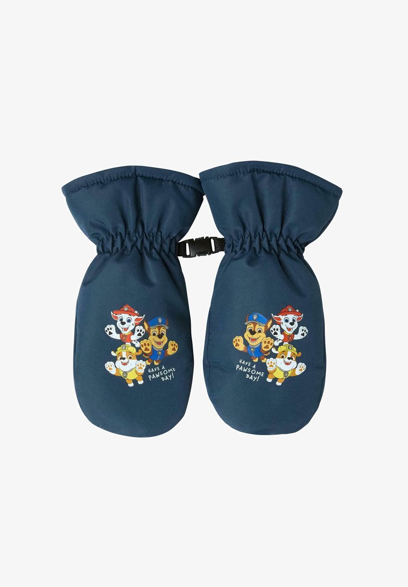 Mittens blu navy con polsi elasticizzati, decorati con personaggi di cani dei cartoni animati e la scritta "BUONA GIORNATA PAWSOME!" sul davanti.