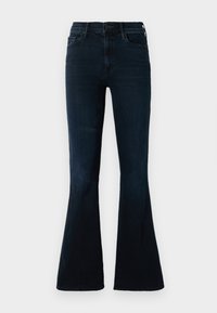 Dunkelblaue Schlagjeans aus Denim mit hoher Taille, normalen Taschen und leichter Ausbleichung des Stoffes.