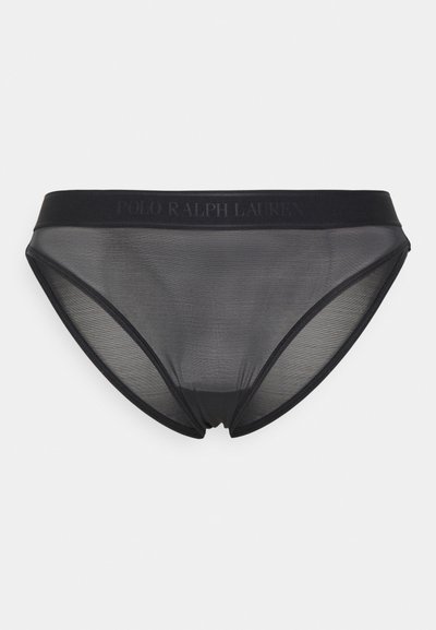 Črne spodnjice v bikini stilu, narejene iz prosojnega materiala. Imajo mehak elastičen pas s tekstom "POLO RALPH LAUREN". Gladka tekstura.