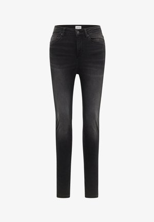Czarne dżinsy slim fit z delikatnym wyblaknięciem, pięciokieszeniowym fasonem i szlufkami na pasek. Zawierają metalowe zapięcie na guzik oraz zamek błyskawiczny.