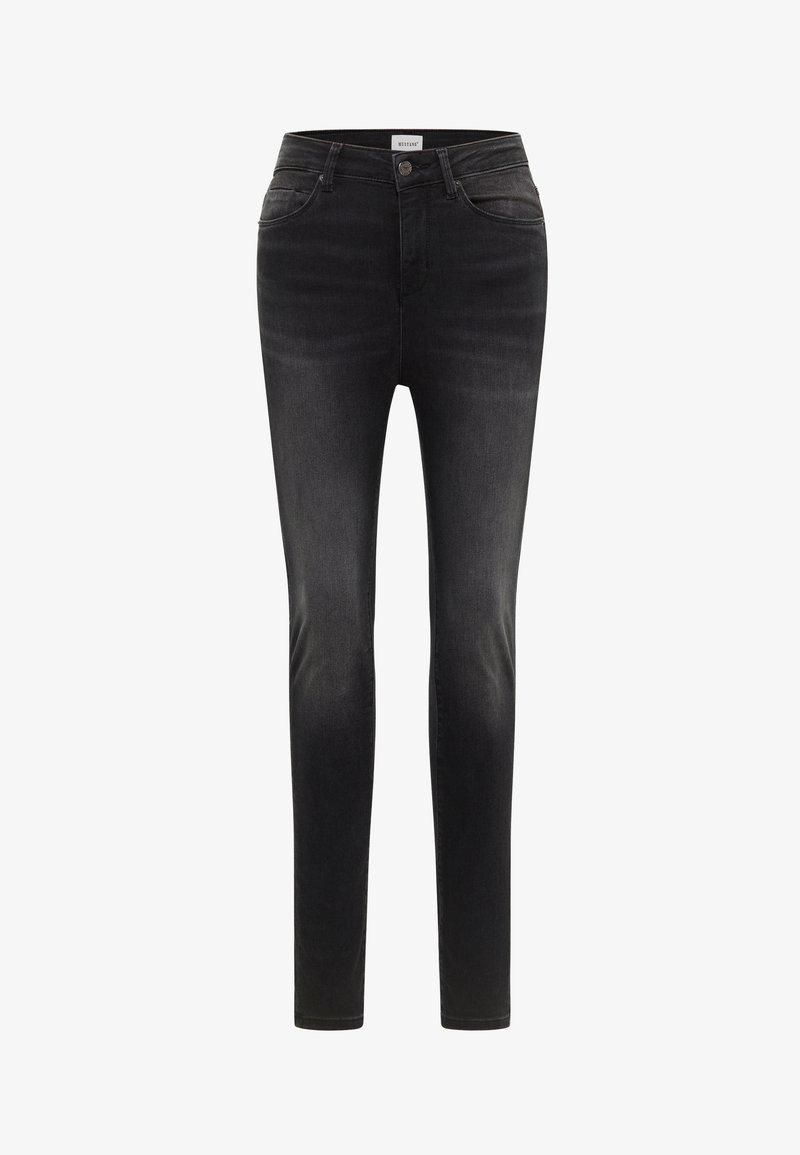 Schmal geschnittene schwarze Denim-Jeans mit leichter Auswaschung, Fünf-Taschen-Design und Gürtelschlaufen. Mit einem Metallknopfverschluss und Reißverschluss ausgestattet.