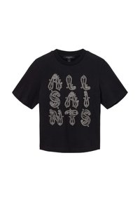 Černé tričko s krátkým rukávem s bílým složitě navrženým textem "ALLSAINTS" na přední straně, vyrobené z měkké bavlny.