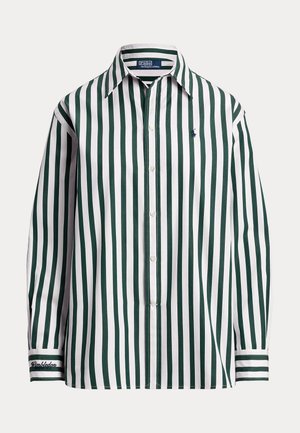 Long-sleeve button-up shirt with green and white vertical stripes, pointed collar, small logo on chest, and "Wimbledon" embroidered on cuff.