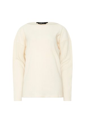 Pitkähihaainen paita vaaleassa ribbikankaassa, jossa on leveä kaula-aukko ja hieman väljä istuvuus. Tunnus näkyvissä kauluksessa.