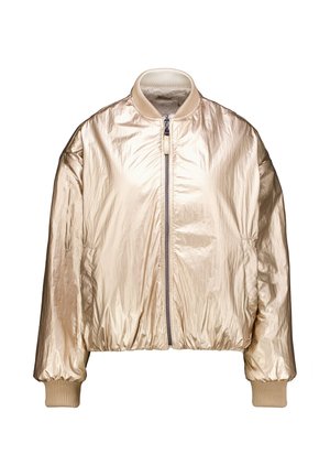 Metalen gouden bomberjack met een ritssluiting aan de voorkant, ribbelmanchetten en -zoom. Glad textuur met een lichte glans. Casual ontwerp.