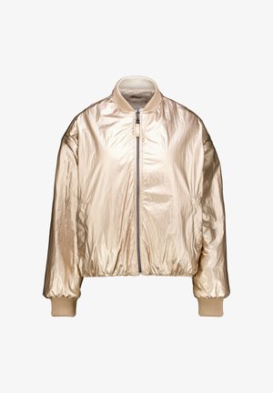 Metallic gold bomber jacket with a zipper front, ribbed cuffs, and hem. Smooth texture with a slight sheen. Casual design.