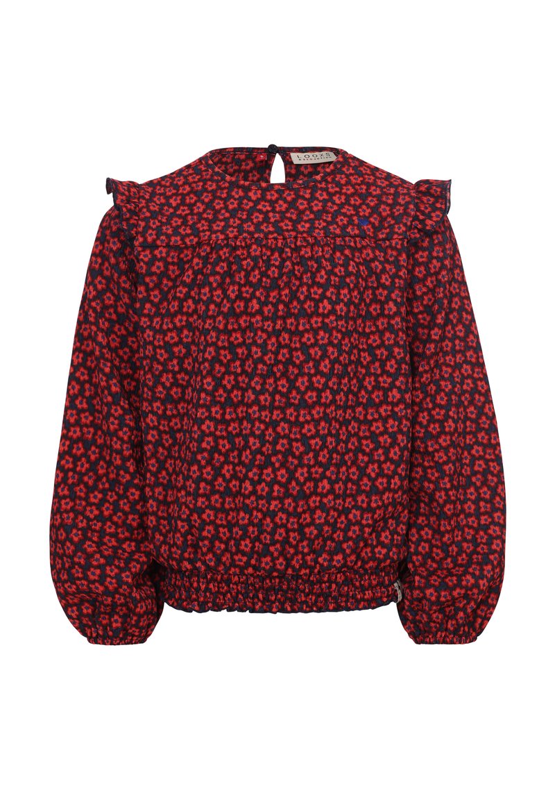 Rode en marineblauwe bloezen met bloemenprint, voorzien van pofmouwen, rimpelboord en elastische onderrand. Knopenluiting aan de achterkant. Lichtgewicht stof.