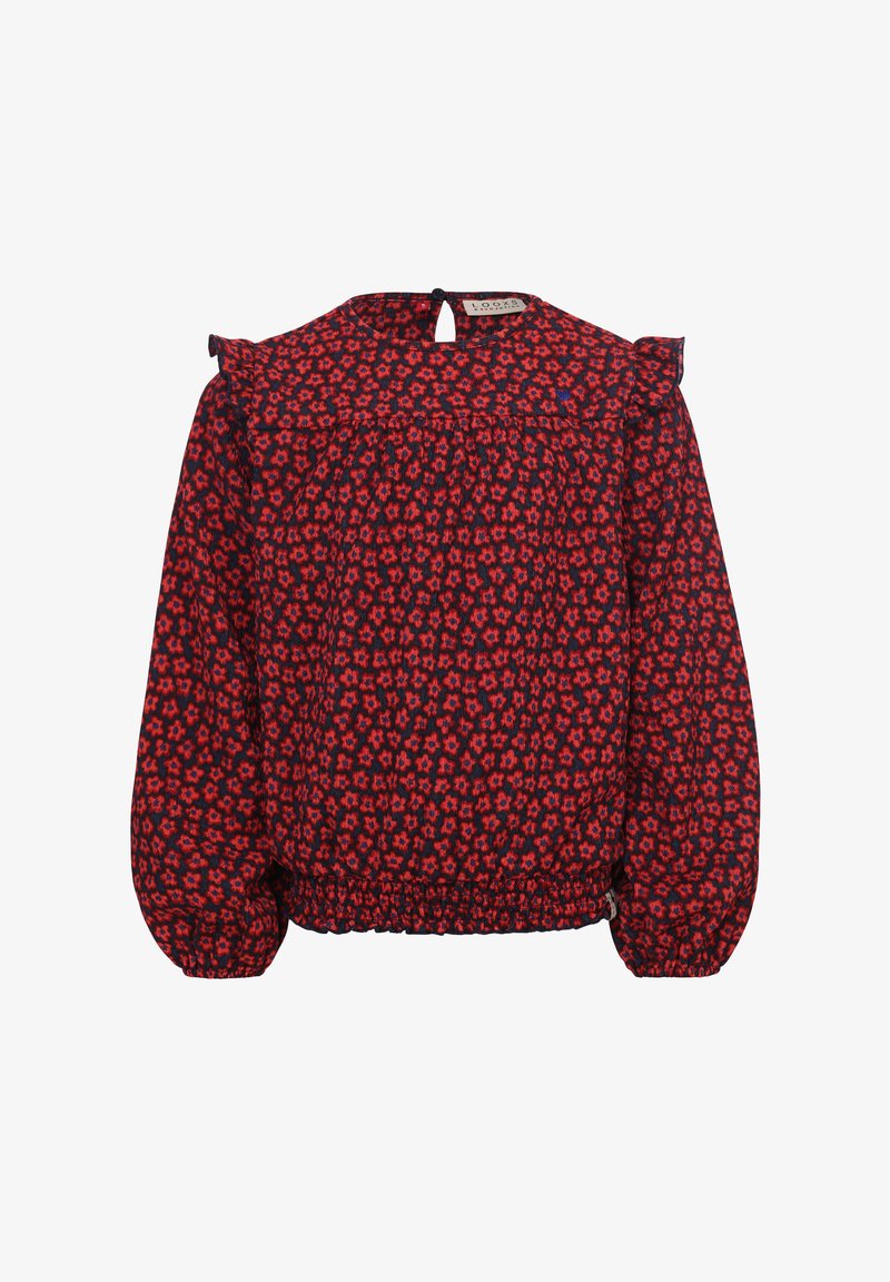 Rode en marineblauwe bloezen met bloemenprint, voorzien van pofmouwen, rimpelboord en elastische onderrand. Knopenluiting aan de achterkant. Lichtgewicht stof.