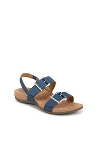 Blauwe stoffen sandalen met twee verstelbare banden met zilveren gesps, een gevoerd voetbed en een lage bruine zool.