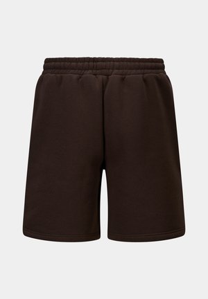 Brune bomullsblandingsshorts med elastisk midje, med en jevn tekstur og rett snitt. Ingen lommer eller synlige metall detaljer.