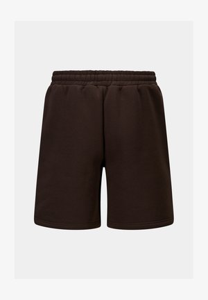 Brune bomullsblandingsshorts med elastisk midje, med en jevn tekstur og rett snitt. Ingen lommer eller synlige metall detaljer.