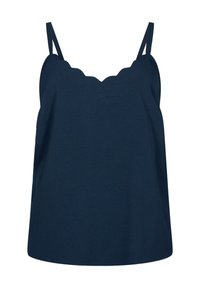 Camiseta sin mangas de color azul marino con escote scalloped, tirantes finos y tejido suave y texturizado. Corte holgado y diseño minimalista.